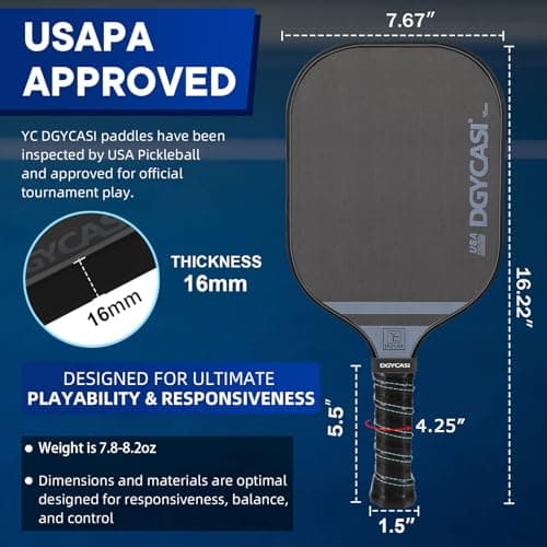 YC DGYCASI 16mm Pickleball Paddles Professional, 2025 USAPA Approved T700 Carbon Fiber Surface Pickle Paddle(CFS), Polypropylene Lightweight Honeycomb Core, Cushion Comfort Grip, with Cover Case Black