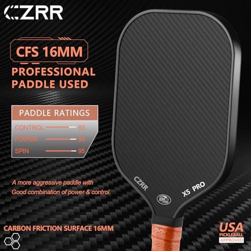 Pickleball Paddle, USA Pickleball Approved, 3K Raw Carbon Fiber Surface (CFS) High Grit & Spin, with 16MM Polypropylene Honeycomb Core, Ideal for Novice and Professional Players
