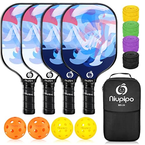 niupipo Pickleball Paddles Set of 2/4, USAPA Approved Fiberglass Surface Lightweight Pickle Ball Rackets with Honeycomb Core, 2 Indoor and 2 Outdoor Balls, 1 Carrying Bag for Beginner, Men, Women