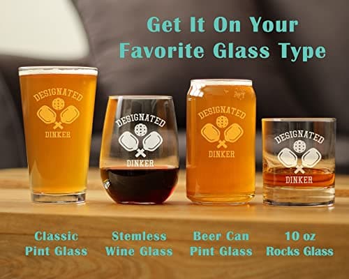 Designated Dinker - Pint Glass for Beer - Funny Pickleball Themed Decor and Gifts - 16 oz Glasses