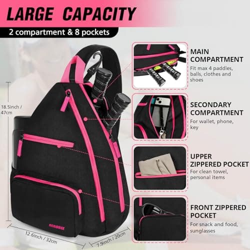 AEROBIX Pickleball Bag for Women & Men, Pickle Ball Backpack - Upgraded Zippers, Large Capacity, Padded Paddle Pocket, Adjustable Sling Bag (No Accessories)