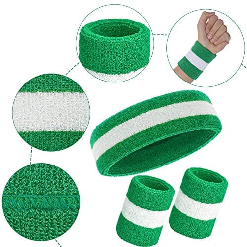 Bememo 6 Pcs Neon Striped Sports Sweatbands Set Include 2 Headbands, 4 Wristbands Terry Cloth Athletic Bands for Men, Women, Gym, Sports, Lgbt Pride Parade