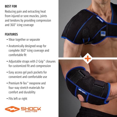 Shock Doctor ICE/Heat Recovery Compression Shoulder & Elbow Wrap Brace, Reusable Gel Ice Packs for Injuries, Hot Cold Therapy