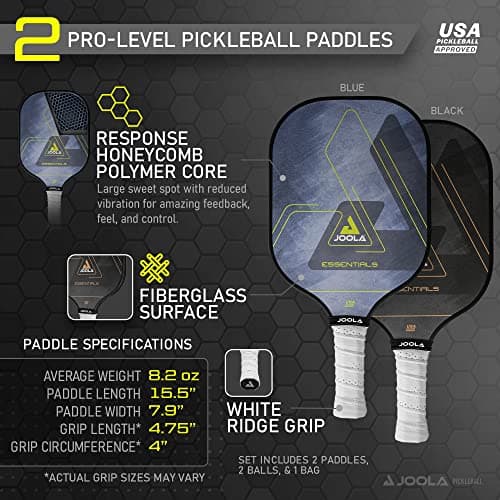 JOOLA Pickleball Paddles & Sets – Agassi Shape or Essentials – Fiberglass or Carbon Fiber Surface – UPA-A & USAP Approved – Single Paddle or Pickleball Set with Balls & Bag – Enhanced Spin & Control
