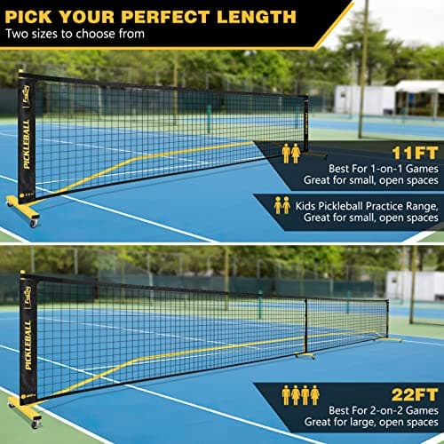 Portable Pickleball Net Set with Wheels, Regulation Size 22 FT & Half Court 11 FT, Steady Metal Frame Pickle Ball Net Set System with Carry Bag for Backyards, Driveways, and Garages