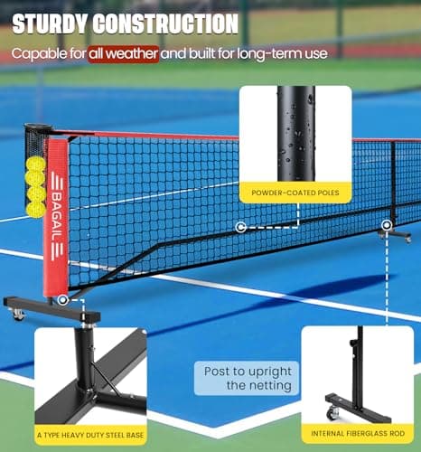 BAGAIL Portable Pickleball Net Set with Wheels, 22 FT Regulation Size & 11 FT Half Court Size 2-in-1 Pickle Ball Net with Ball Collector, Carry Bag, 4 Pickle Balls, Easy Setup for Outdoor Indoor