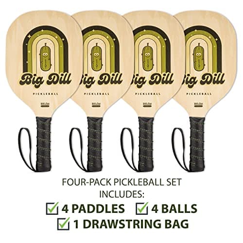Big Dill Pickleball Superstar Pickle Ball Paddle Set of 4 Wooden Paddles — Pack of 4 Pickleball Paddles Set, 4 Pickleball Balls & Bag for Pickle Ball Rackets, Beginner Pickleball Racket Sets