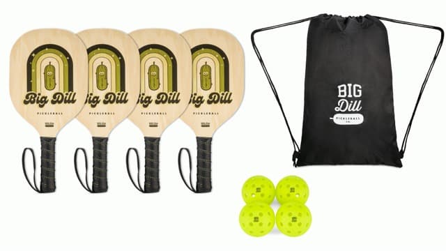 Big Dill Pickleball Superstar Pickle Ball Paddle Set of 4 Wooden Paddles — Pack of 4 Pickleball Paddles Set, 4 Pickleball Balls & Bag for Pickle Ball Rackets, Beginner Pickleball Racket Sets