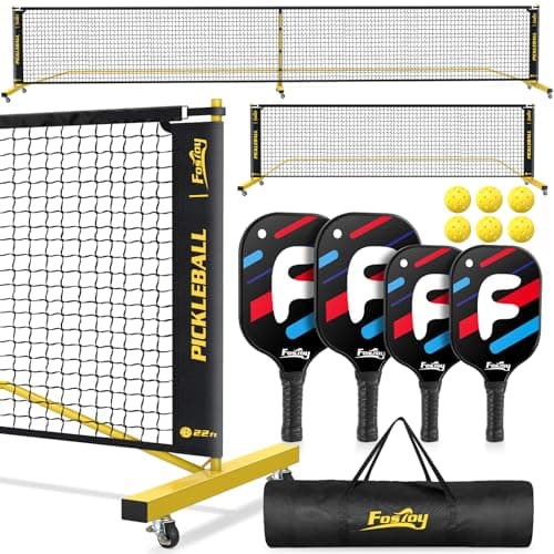 Fostoy Portable Pickleball Net with Wheels, Pickleball Set with 4 Fiberglass Paddles & 6 Pickleballs, Carry Bag, for Backyards Driveways and Garages