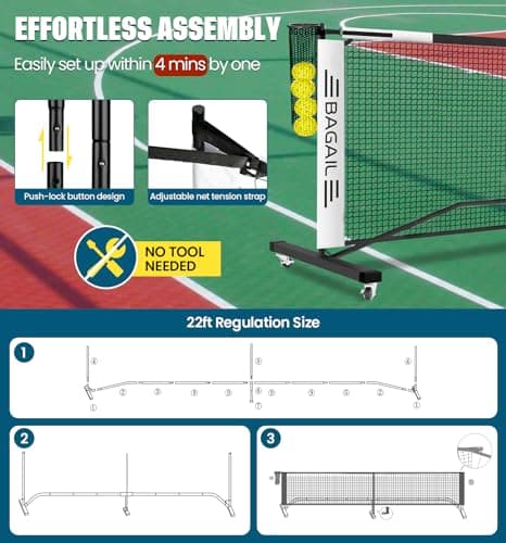 BAGAIL Portable Pickleball Net Set with Wheels, 22 FT Regulation Size & 11 FT Half Court Size 2-in-1 Pickle Ball Net with Ball Collector, Carry Bag, 4 Pickle Balls, Easy Setup for Outdoor Indoor