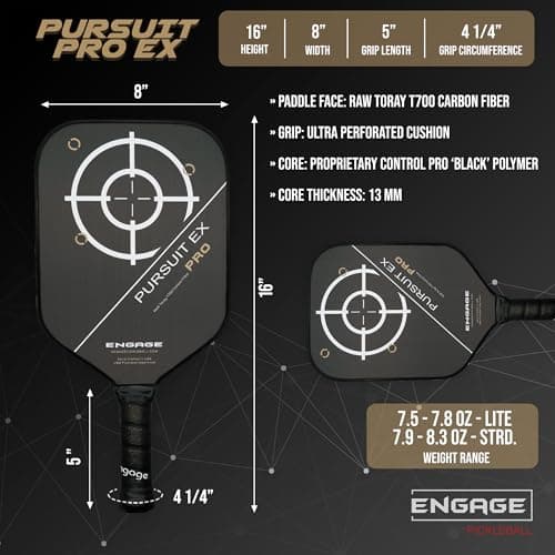 Engage Pursuit Pro EX Pickleball Paddle – Widebody Shape, Raw T700 Toray Carbon Fiber Face, 13mm Control Pro “Black” Core, Vortex Barrier Edge Technology Limits Vibration