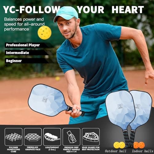 Pickleball Paddles Set of 2, 2025 USAPA Approved Pickleball Set, Fiberglass Lightweight Pickle Ball Rackets 2 Pack, 2 Outdoor Pickleball, 2 Indoor Pickleball Balls, 1 Pickleball Bag for Women and Men