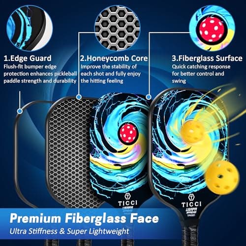 T TICCI Pickleball Paddles Set of 2, USAPA Approved Fiberglass Pickle Ball Paddles with 4 Pickleballs, Lightweight Rackets for Adults & Kids, Includes Carry Bag & Net Bag for Men, Women, Beginners,