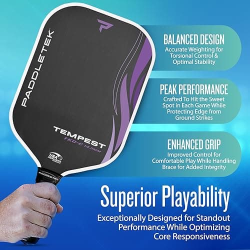 Paddletek Tempest TKO-C 14.3mm - Professional Pickleball Paddles with Polymer Honeycomb Core - PT-700 Unidirectional Carbon Fiber – Torsional Weighting & High Tack Performance Grip - USAPA Approved