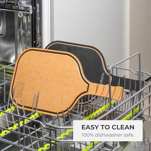 Pickleball Charcuterie & Cutting Board, Pickleball Gifts for Women Men, Wood Fiber 16 x 8.5, Paddle Shape with Handle, Dishwasher Safe, Reversible Design, Juice Groove "Just One More Game"