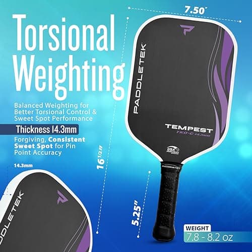 Paddletek Tempest TKO-C 14.3mm - Professional Pickleball Paddles with Polymer Honeycomb Core - PT-700 Unidirectional Carbon Fiber – Torsional Weighting & High Tack Performance Grip - USAPA Approved