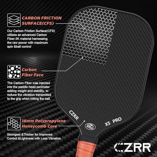 Pickleball Paddle, USA Pickleball Approved, 3K Raw Carbon Fiber Surface (CFS) High Grit & Spin, with 16MM Polypropylene Honeycomb Core, Ideal for Novice and Professional Players