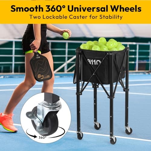 A11N Pickleball Tennis Ball Hopper - Sturdy Large Capacity Tennis Ball Basket Holds 120 Balls, Upgraded Pickleball Caddy Practice Equipment/Multifunction Pockets and Wheels for Training/Teaching