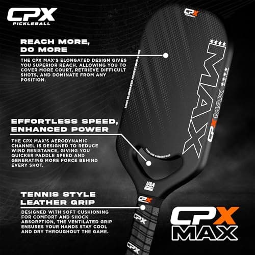 CPX MAX Black Raw Carbon Fiber T700 Pickleball Elongated Paddle Racket - Professional Grade, 14mm Core Thickness, Comfortable Tennis Style Grip - Durable Designed in Chicago, USA