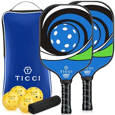 T TICCI Pickleball Paddles Set of 2, USAPA Approved Fiberglass Pickle Ball Paddles with 4 Pickleballs, Lightweight Rackets for Adults & Kids, Includes Carry Bag & Net Bag for Men, Women, Beginners,