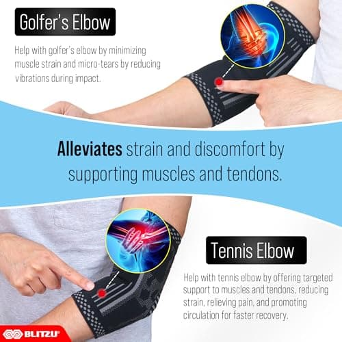 BLITZU 2 Pack Elbow Compression Sleeve, Tennis Elbow Brace Support for Golfer's, Arthritis, Bursitis & Tendonitis Treatment & Pain. Great for Gym Workout, Weightlifting. Black Large.