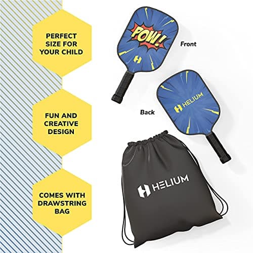 Helium Pickleball Paddle for Kids – Child Size Paddle for Children 12 and Under, Lightweight Honeycomb Core, Graphite Strike Face, Pickleball Paddle & Drawstring Bag - POW!