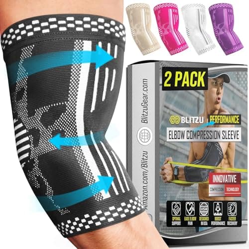BLITZU 2 Pack Elbow Compression Sleeve, Tennis Elbow Brace Support for Golfer's, Arthritis, Bursitis & Tendonitis Treatment & Pain. Great for Gym Workout, Weightlifting. Black Large.