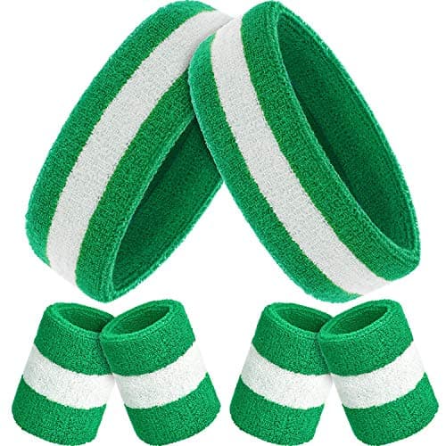 Bememo 6 Pcs Neon Striped Sports Sweatbands Set Include 2 Headbands, 4 Wristbands Terry Cloth Athletic Bands for Men, Women, Gym, Sports, Lgbt Pride Parade