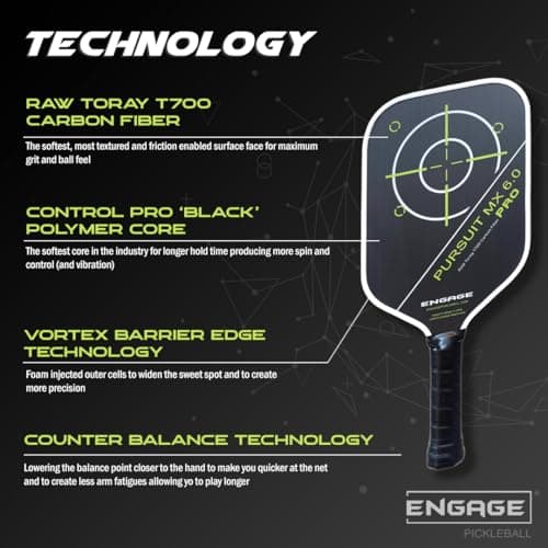 Engage Pursuit Pro MX 6.0 Pickleball Paddle – Elongated Shape, Raw T700 Toray Carbon Fiber Face, 16mm Control Pro “Black” Core