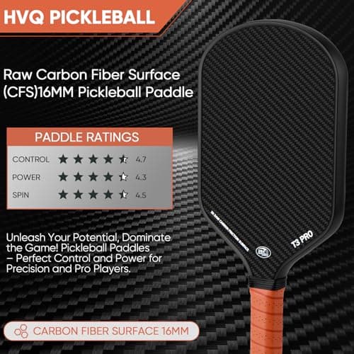 Pickleball Paddle - 3K Raw Carbon Fiber Surface (CFS) + Carbon Abrasion Surface (CAS) with High Grit & Spin, Sure-Grip Elongated Handle, Pickle Ball Paddle with 16mm Polypropylene Honeycomb Core
