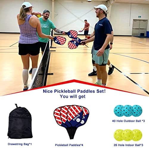 Kmise Pickleball Paddles Set of 4, 7.8oz Lightweight 9-ply Premium Wood Pickleball Racquet with 6 Indoor Outdoor Balls and Bag, Ergonomic Cushion Grip Pickleball Paddles Gifts for Men Women