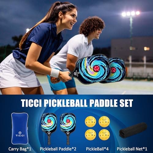 T TICCI Pickleball Paddles Set of 2, USAPA Approved Fiberglass Pickle Ball Paddles with 4 Pickleballs, Lightweight Rackets for Adults & Kids, Includes Carry Bag & Net Bag for Men, Women, Beginners,