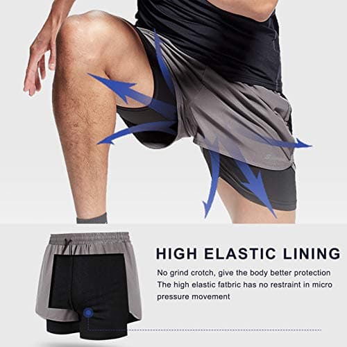Surenow Mens 2 in 1 Running Shorts Quick Dry Athletic Shorts with Liner, Workout Shorts with Zip Pockets and Towel Loop