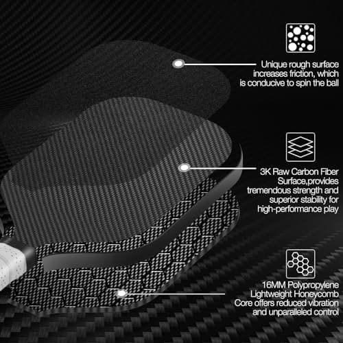 CZRR Pickleball Paddle, USA Pickleball Approved, 3K Raw Carbon Fiber Surface (CFS) High Grit & Spin, with 16MM Polypropylene Honeycomb Core, Ideal for Novice and Professional Players