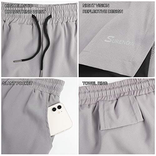 Surenow Mens 2 in 1 Running Shorts Quick Dry Athletic Shorts with Liner, Workout Shorts with Zip Pockets and Towel Loop