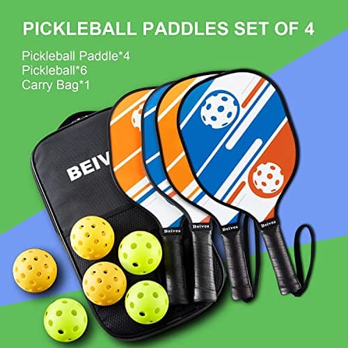 Pickleball Paddles Pickleball Set 7-ply Basswood Wooden Pickleball Rackets Set of 4 with 6 Balls and 1 Carry Bag, Pickleball Equipment for Beginner to Intermediate with Extra Edge Guard