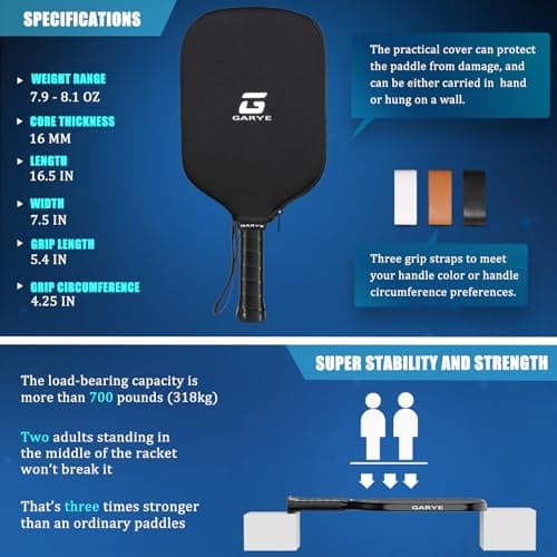 GARYE Pickleball Paddles, 16MM T700 Thermoformed Raw Carbon Fiber Pickleball Paddle, Great Grit & Spin, USAPA Approved PRO-XL Pickle Ball Rackets Set with Power, Control and Balance, 1 Cover