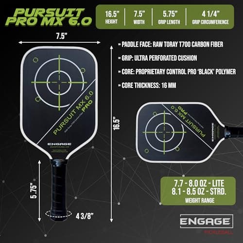 Engage Pursuit Pro MX 6.0 Pickleball Paddle – Elongated Shape, Raw T700 Toray Carbon Fiber Face, 16mm Control Pro “Black” Core