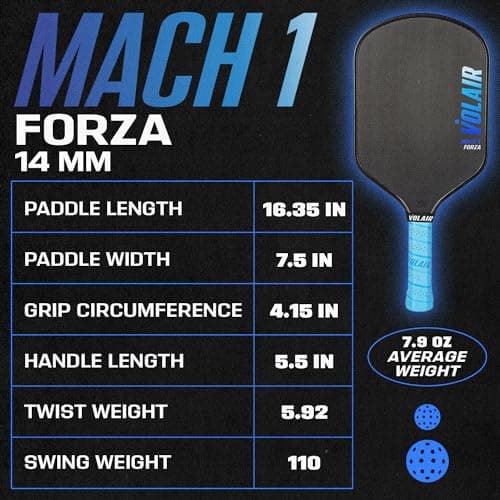 Volair Pickleball - Mach 1 Forza Paddle - for Spin, Control and Power - Toray T700 Carbon Fiber Surface - Thermoformed - Foam Injected w/Headcover, Eraser, Extra Black Grip