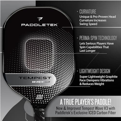 Paddletek Tempest Wave V3 Pickleball Paddle | Professional Pickleball Paddles with Polymer Honeycomb Core, ICED Carbon Fiber Surface, Tempest PolyCore & High Tack Performance Grip | USAPA Approved