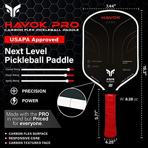 Havok Pro Pickleball Paddle: Carbon Fiber Surface for Enhanced Power, Precision and Maximum Spin - Large Sweet Spot and USAPA Approved - Red