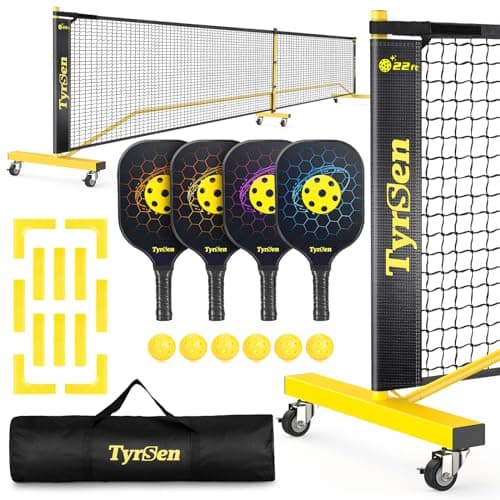 Pickleball Net Set, Pickleball Net on Wheels for Driveway Backyard, 22FT Regular Size, 4 Pickleball Paddles & 6 Balls, 12 Court Markers, 1 Carry Bag, Pickleball Set for Indoor Outdoor Play