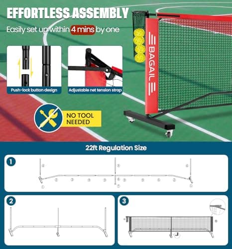 BAGAIL Portable Pickleball Net Set with Wheels, 22 FT Regulation Size & 11 FT Half Court Size 2-in-1 Pickle Ball Net with Ball Collector, Carry Bag, 4 Pickle Balls, Easy Setup for Outdoor Indoor