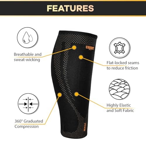 Copper Calf Compression Sleeves for Men and Women, Leg Compression Sleeve for Shin Splint Relief, Calf Sleeves for Men Running, Fitness (1 Pair)