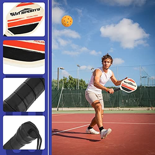 Wooden Pickleball Paddles Set 2 - Win SPORTS Beginner Racket,Pickle Ball Paddles with 2 Paddles,4 Balls and 1 Carry Bag,Durable and Classic (Choose Black and Wooden Version)