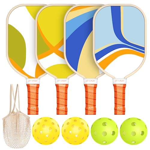 Pickleball Paddles Set of 4, Premium Wood with 4 Indoor & Outdoor Pickleball Balls and 1 Carry Bag, Pickleball Rackets with Ergonomic Cushion Grip for Beginner & Professional Gifts for Women Men Youth