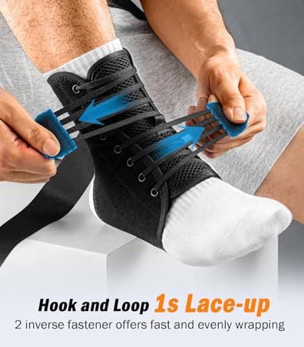 Slim-Fit Ankle Brace for Sprained Ankle, Quick Lace Up Ankle Support for Women Men With 2 Auto-Shaped Pads, Air Fabric Cool Ankle Stabilizer for Injury Recover, Running,Sports, M(12”-13”)