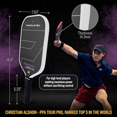 Paddletek Bantam TKO-C 14.3mm Pickleball Paddles with Polymer Honeycomb Core - Unidirectional Carbon Fiber – Torsional Weighting & High Tack Performance Grip - USAPA Approved - 5.25 Inch Handle