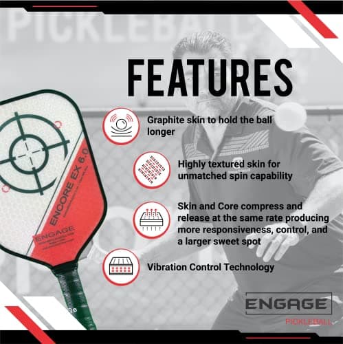 Engage Encore EX 6.0 Pickleball Paddle | USAPA Approved | Textured FiberTEK High Compression Fiberglass Face & ControlPRO II Polymer Core