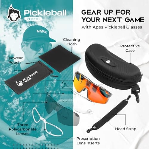 Pickleball Glasses for Women & Men - ANSI Z87.1 Pickleball Safety Glasses with 3 Lenses, Adjustable Nosepads, Head Strap, & Protective Case - Pickleball Protective Eyewear